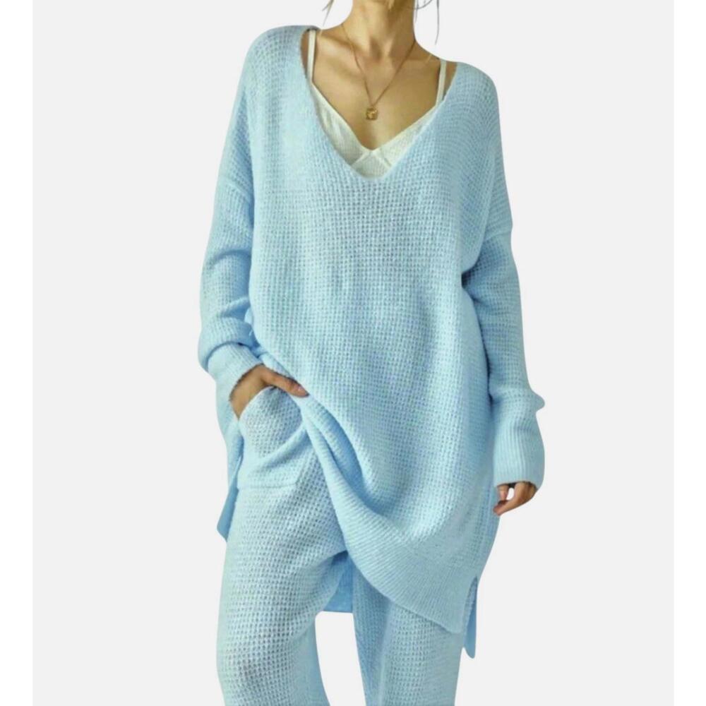 Free People Light Blue Ribbed Oversized Tunic Sweater - Size - M/L